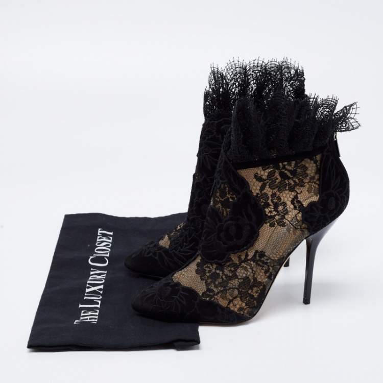 Pre Owned Jimmy Choo Black Lace and Suede Floral Embroidered Kamaris Ankle Booties Size 38