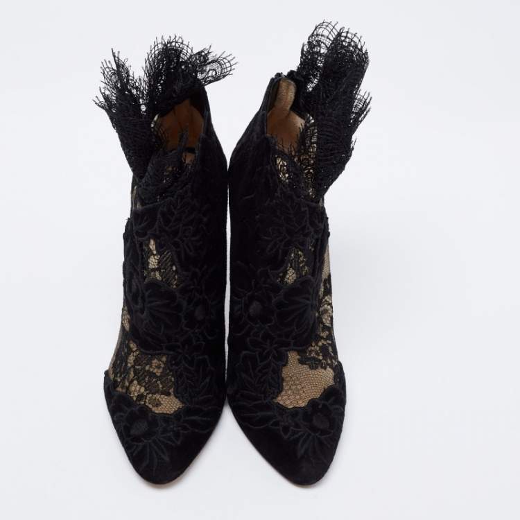 Pre Owned Jimmy Choo Black Lace and Suede Floral Embroidered Kamaris Ankle Booties Size 38
