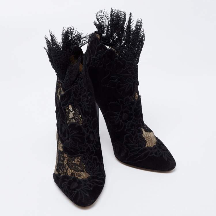 Pre Owned Jimmy Choo Black Lace and Suede Floral Embroidered Kamaris Ankle Booties Size 38
