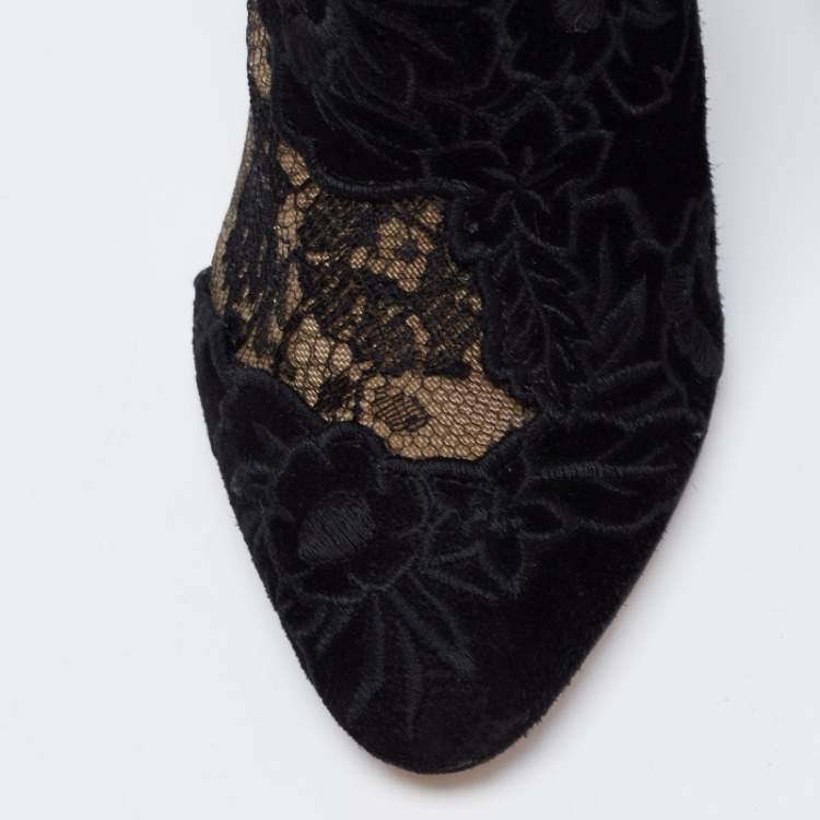 Pre Owned Jimmy Choo Black Lace and Suede Floral Embroidered Kamaris Ankle Booties Size 38