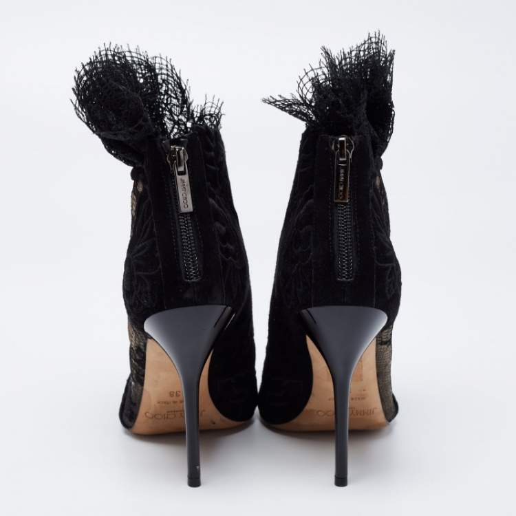Pre Owned Jimmy Choo Black Lace and Suede Floral Embroidered Kamaris Ankle Booties Size 38