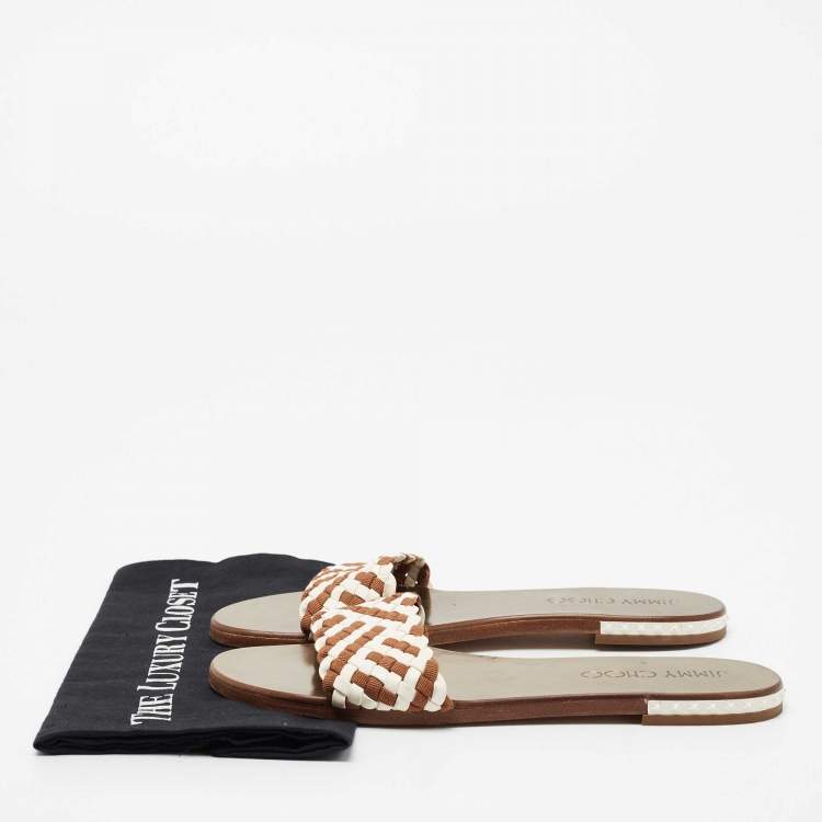 Pre Owned Jimmy Choo Brown/White Woven Slide Sandals Size 41