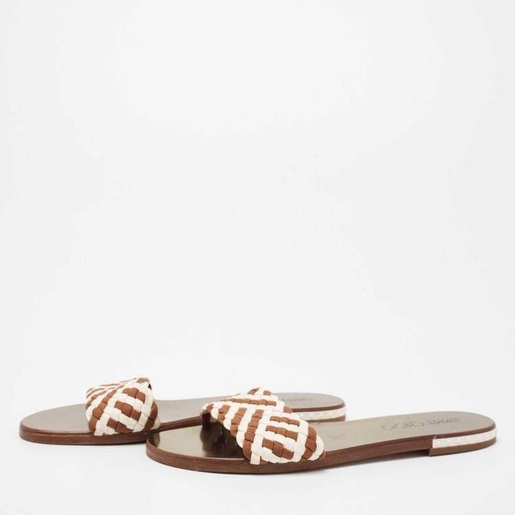 Pre Owned Jimmy Choo Brown/White Woven Slide Sandals Size 41