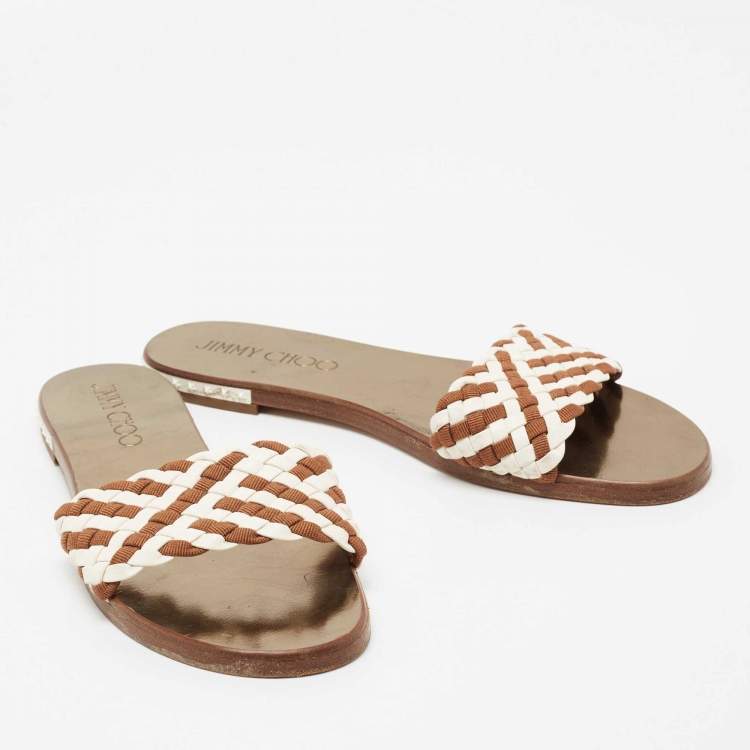 Pre Owned Jimmy Choo Brown/White Woven Slide Sandals Size 41
