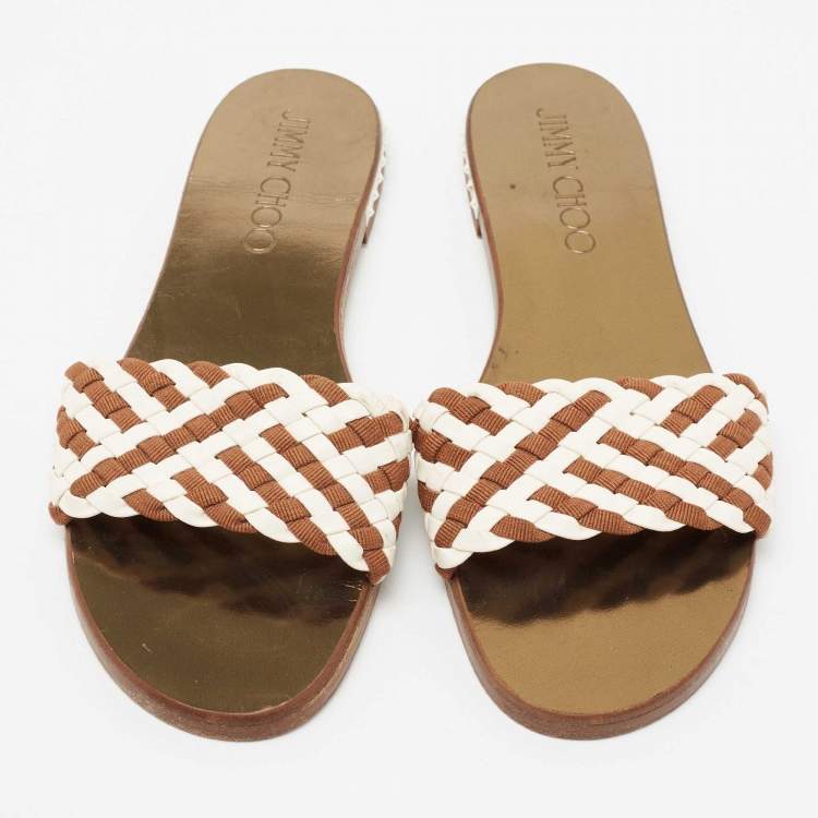 Pre Owned Jimmy Choo Brown/White Woven Slide Sandals Size 41