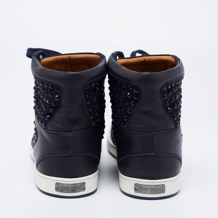 مملوكة مسبقًا Jimmy Choo Navy Blue Leather and Suede Studded Tokyo High-Top Sneakers Size 39.5