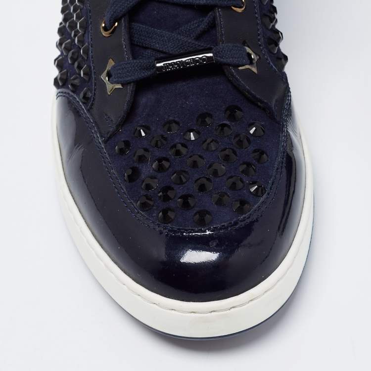 مملوكة مسبقًا Jimmy Choo Navy Blue Leather and Suede Studded Tokyo High-Top Sneakers Size 39.5