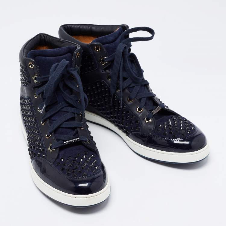 مملوكة مسبقًا Jimmy Choo Navy Blue Leather and Suede Studded Tokyo High-Top Sneakers Size 39.5