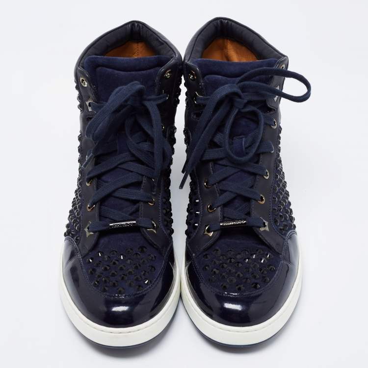 مملوكة مسبقًا Jimmy Choo Navy Blue Leather and Suede Studded Tokyo High-Top Sneakers Size 39.5