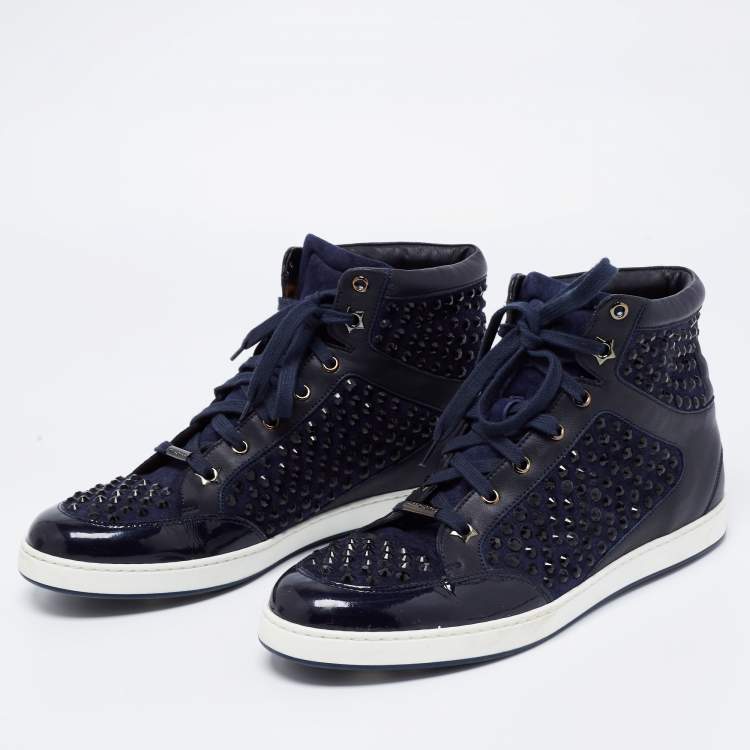 مملوكة مسبقًا Jimmy Choo Navy Blue Leather and Suede Studded Tokyo High-Top Sneakers Size 39.5