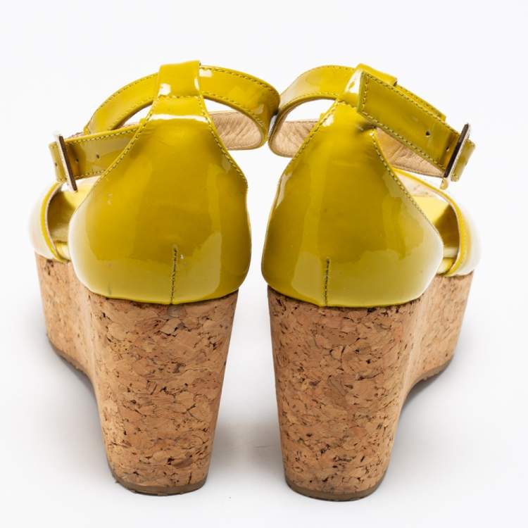 Pre Owned Jimmy Choo Lime Green Patent Leather Pania Cork Wedge Sandals Size 37.5