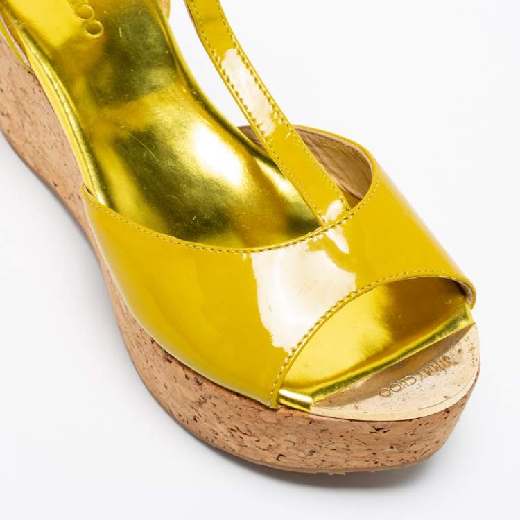 Pre Owned Jimmy Choo Lime Green Patent Leather Pania Cork Wedge Sandals Size 37.5