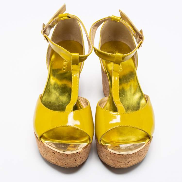 Pre Owned Jimmy Choo Lime Green Patent Leather Pania Cork Wedge Sandals Size 37.5