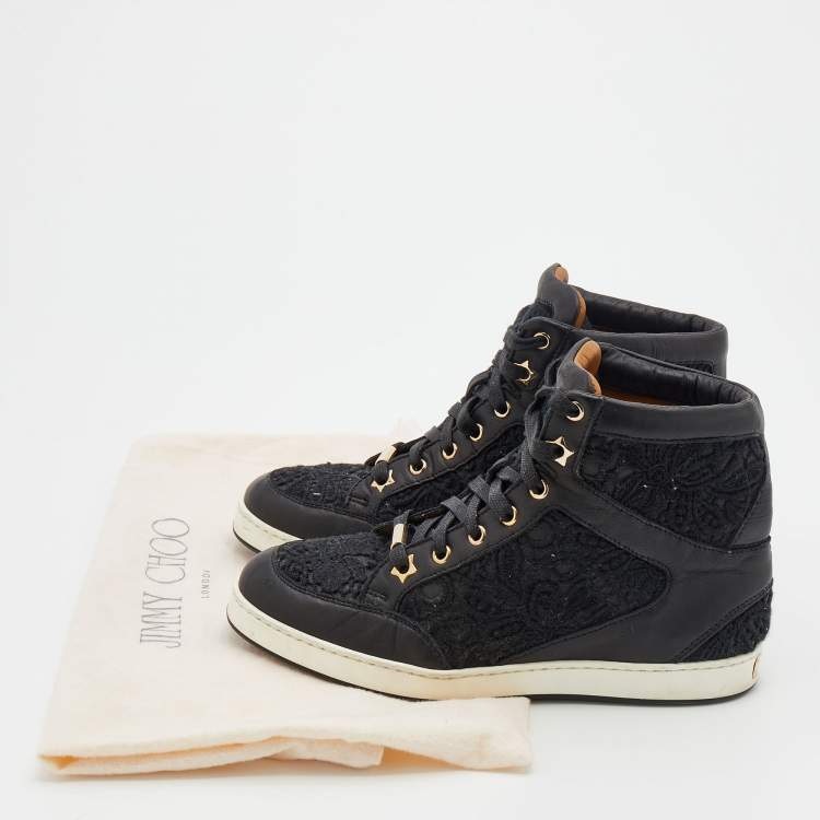 Pre Owned Jimmy Choo Black Lace and Leather Tokyo High Top Sneakers Size 34.5