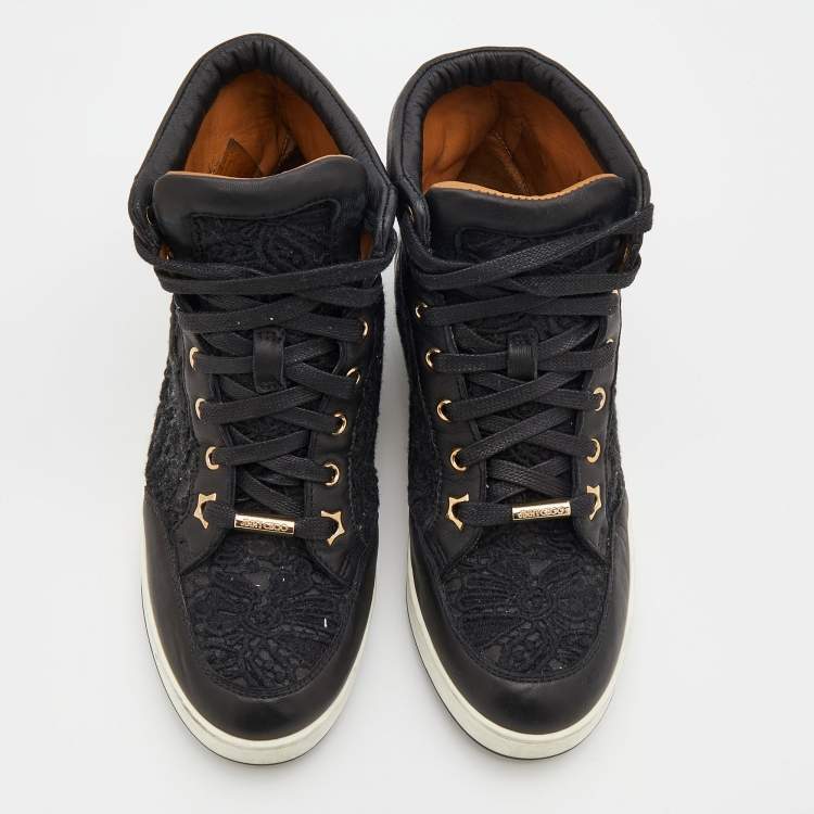 Pre Owned Jimmy Choo Black Lace and Leather Tokyo High Top Sneakers Size 34.5