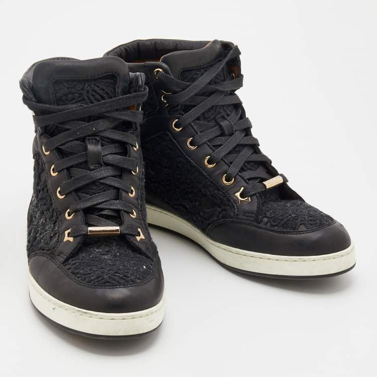 Pre Owned Jimmy Choo Black Lace and Leather Tokyo High Top Sneakers Size 34.5