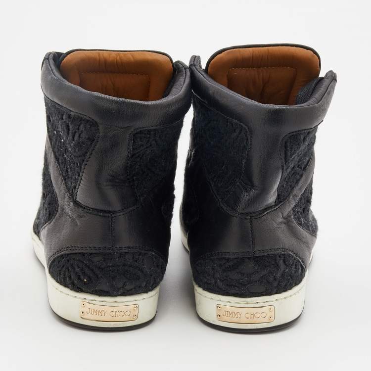 Pre Owned Jimmy Choo Black Lace and Leather Tokyo High Top Sneakers Size 34.5