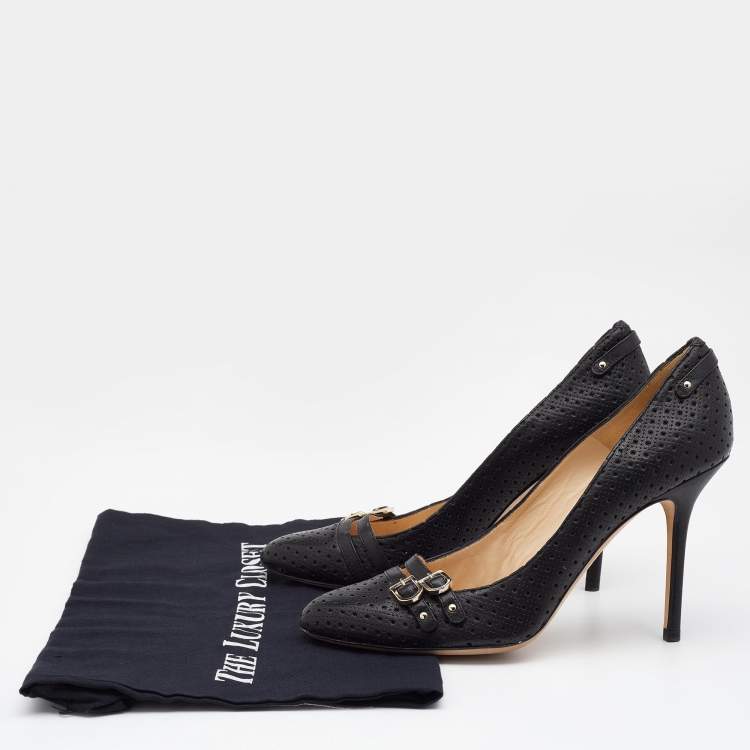 Pre Owned Jimmy Choo Black Perforated Leather Buckle Detail Pumps Size 37.5
