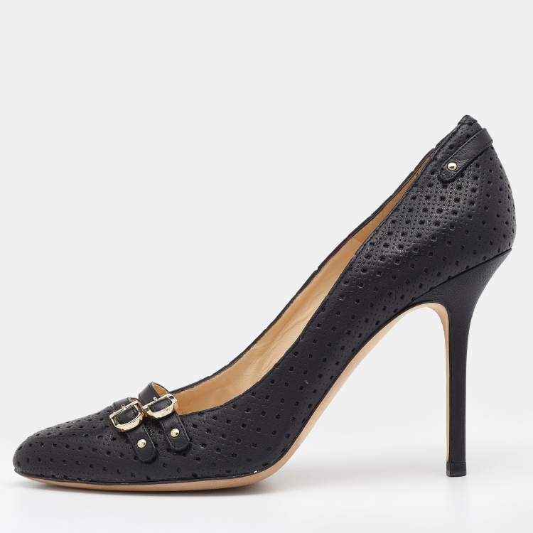Pre Owned Jimmy Choo Black Perforated Leather Buckle Detail Pumps Size 37.5
