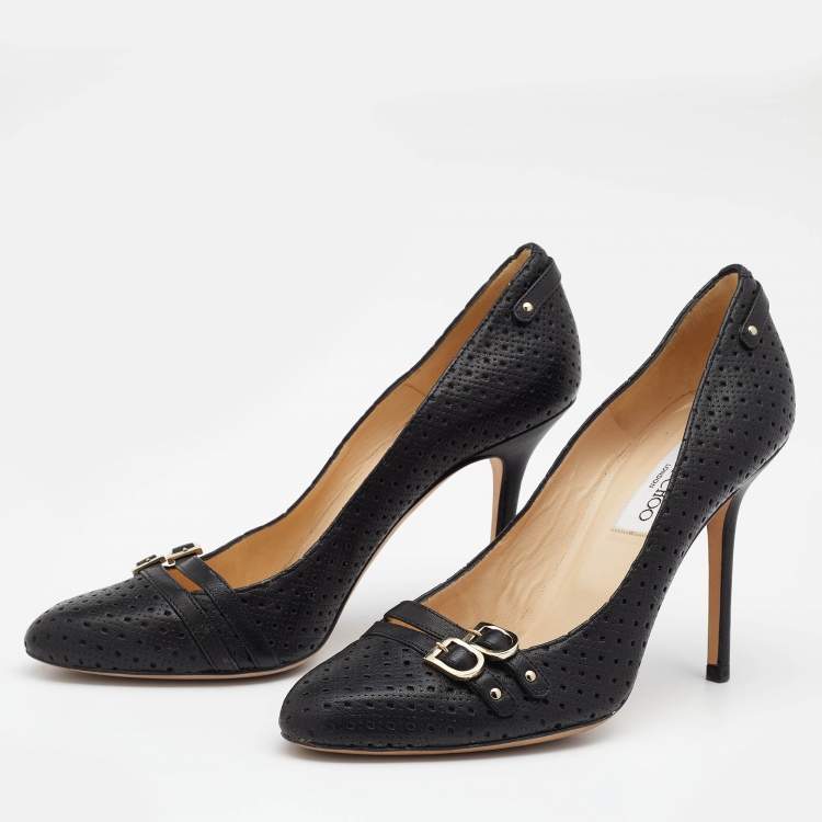 Pre Owned Jimmy Choo Black Perforated Leather Buckle Detail Pumps Size 37.5