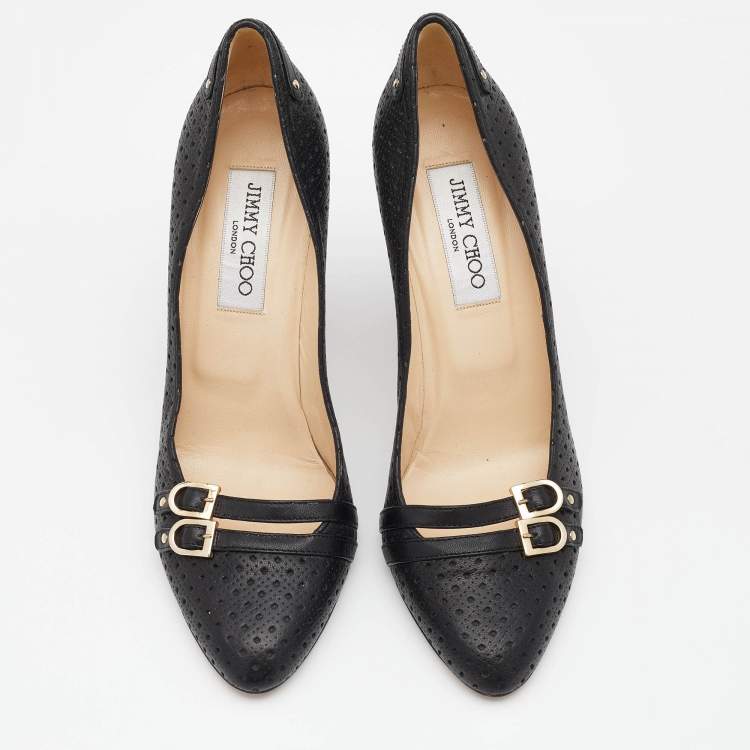 Pre Owned Jimmy Choo Black Perforated Leather Buckle Detail Pumps Size 37.5