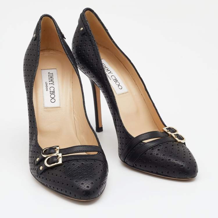 Pre Owned Jimmy Choo Black Perforated Leather Buckle Detail Pumps Size 37.5