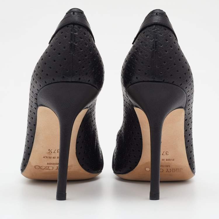 Pre Owned Jimmy Choo Black Perforated Leather Buckle Detail Pumps Size 37.5