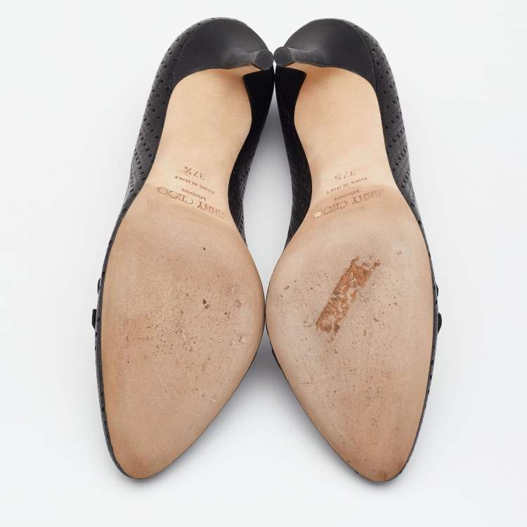 Pre Owned Jimmy Choo Black Perforated Leather Buckle Detail Pumps Size 37.5