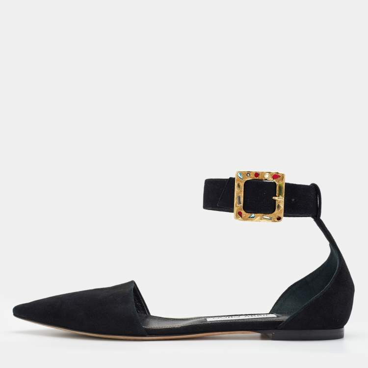 Pre Owned Jimmy Choo Black Suede Jewelled Buckle Pointed Toe Halina Flat Ankle Strap Sandals Size 39