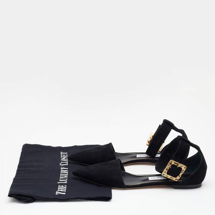 Pre Owned Jimmy Choo Black Suede Jewelled Buckle Pointed Toe Halina Flat Ankle Strap Sandals Size 39