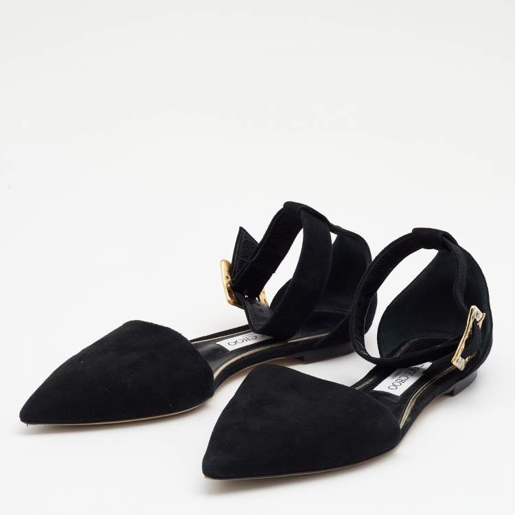 Pre Owned Jimmy Choo Black Suede Jewelled Buckle Pointed Toe Halina Flat Ankle Strap Sandals Size 39