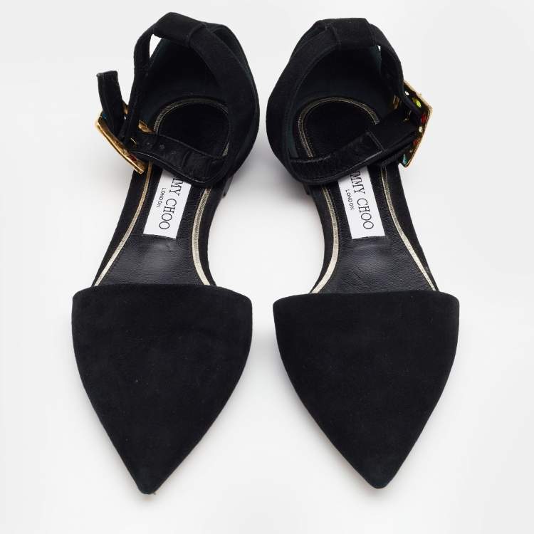 Pre Owned Jimmy Choo Black Suede Jewelled Buckle Pointed Toe Halina Flat Ankle Strap Sandals Size 39