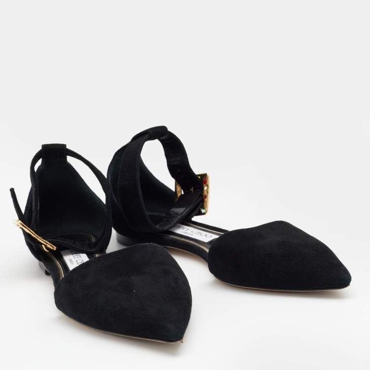 Pre Owned Jimmy Choo Black Suede Jewelled Buckle Pointed Toe Halina Flat Ankle Strap Sandals Size 39