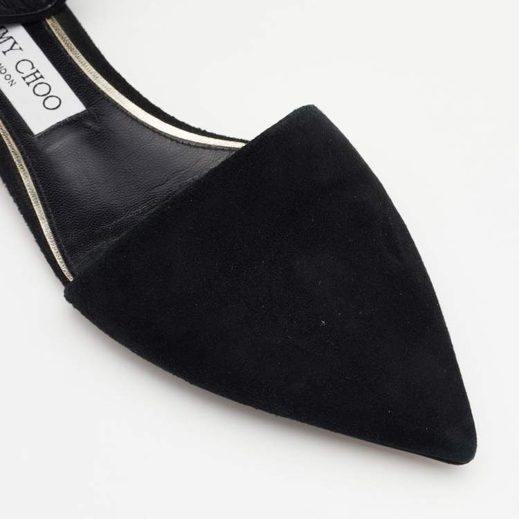 Pre Owned Jimmy Choo Black Suede Jewelled Buckle Pointed Toe Halina Flat Ankle Strap Sandals Size 39