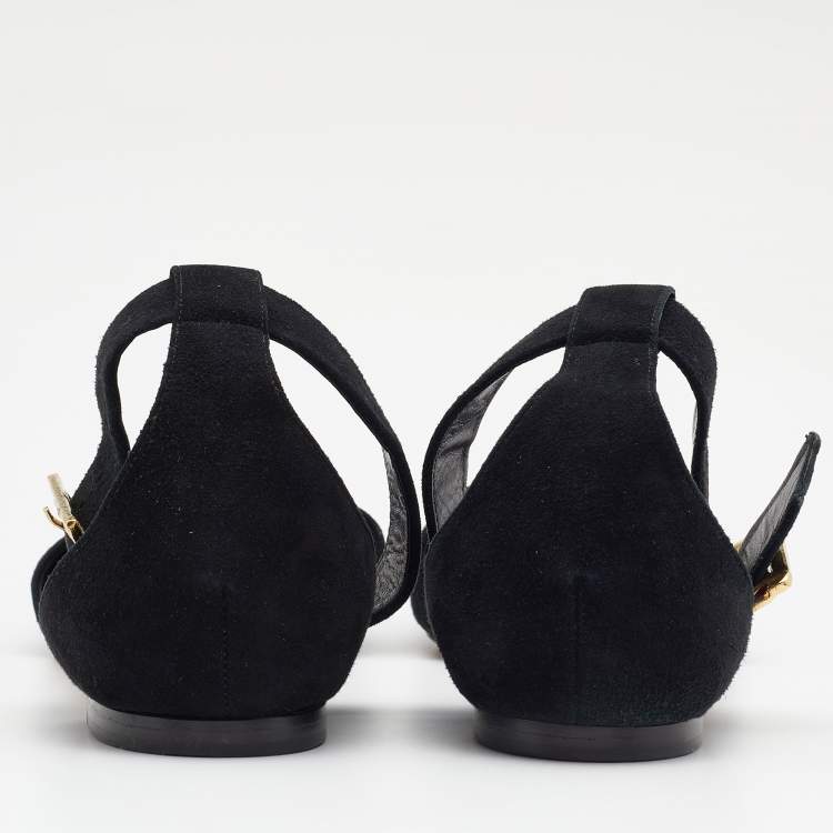 Pre Owned Jimmy Choo Black Suede Jewelled Buckle Pointed Toe Halina Flat Ankle Strap Sandals Size 39