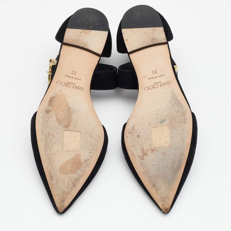 Pre Owned Jimmy Choo Black Suede Jewelled Buckle Pointed Toe Halina Flat Ankle Strap Sandals Size 39
