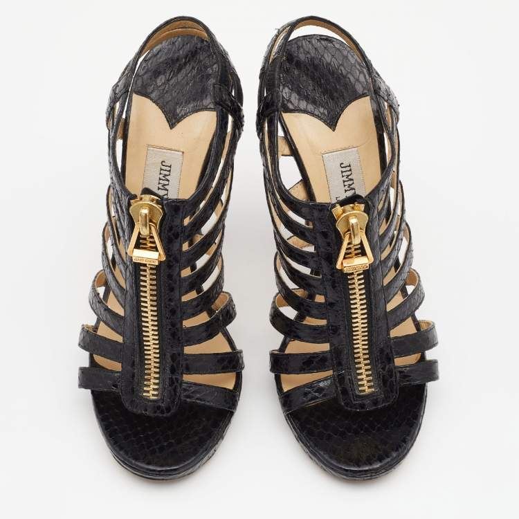 Pre Owned Jimmy Choo Black Snakeskin Glenys Gladiator Platform Sandals Size 36.5