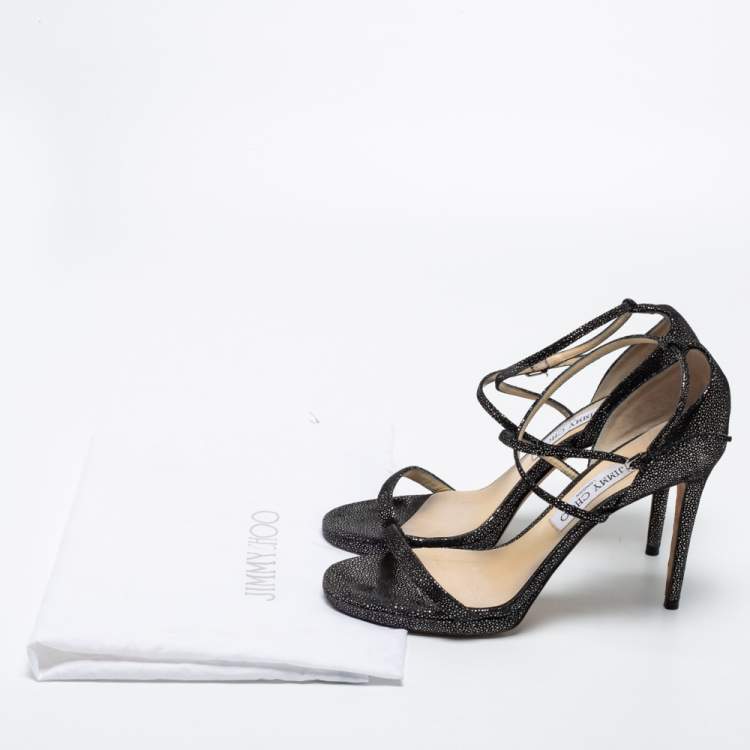 Pre Owned Jimmy Choo Black Glitter Suede Ankle-Strap Sandals Size 39