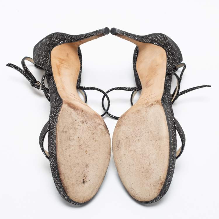 Pre Owned Jimmy Choo Black Glitter Suede Ankle-Strap Sandals Size 39