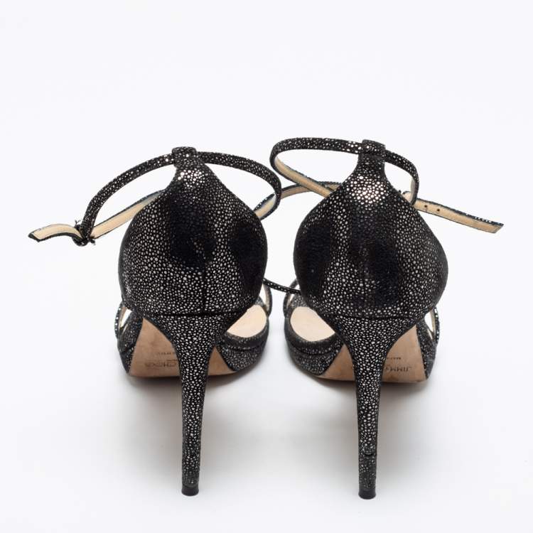 Pre Owned Jimmy Choo Black Glitter Suede Ankle-Strap Sandals Size 39