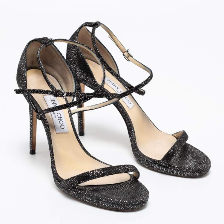 Pre Owned Jimmy Choo Black Glitter Suede Ankle-Strap Sandals Size 39