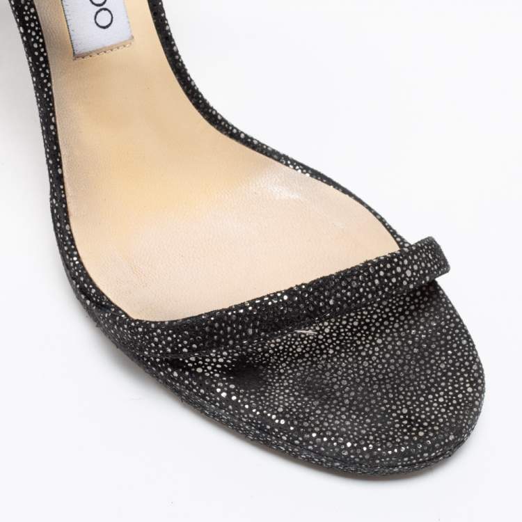 Pre Owned Jimmy Choo Black Glitter Suede Ankle-Strap Sandals Size 39