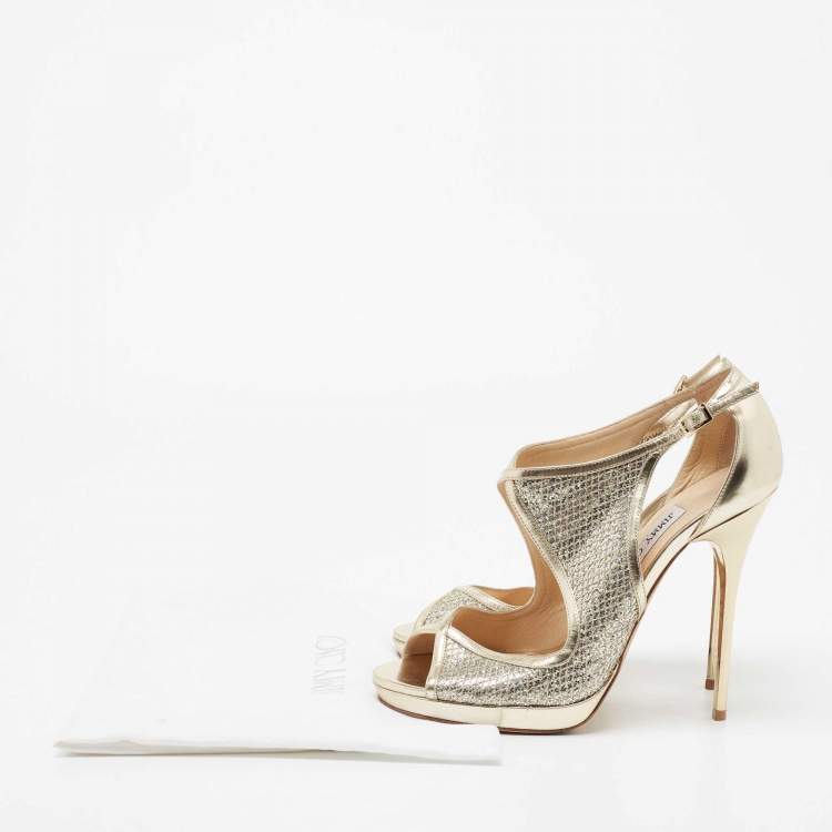 Pre Owned Jimmy Choo Metallic Gold Leather Crystal-embellished Sandals Size 39