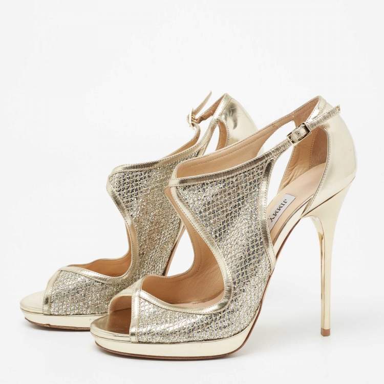 Pre Owned Jimmy Choo Metallic Gold Leather Crystal-embellished Sandals Size 39