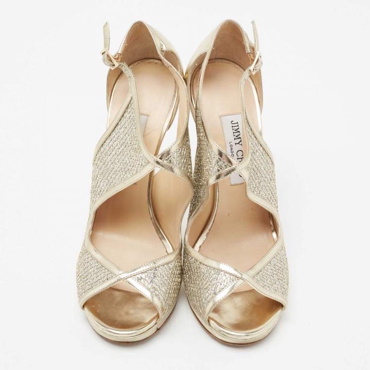 Pre Owned Jimmy Choo Metallic Gold Leather Crystal-embellished Sandals Size 39