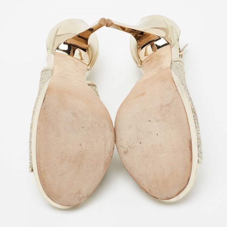 Pre Owned Jimmy Choo Metallic Gold Leather Crystal-embellished Sandals Size 39