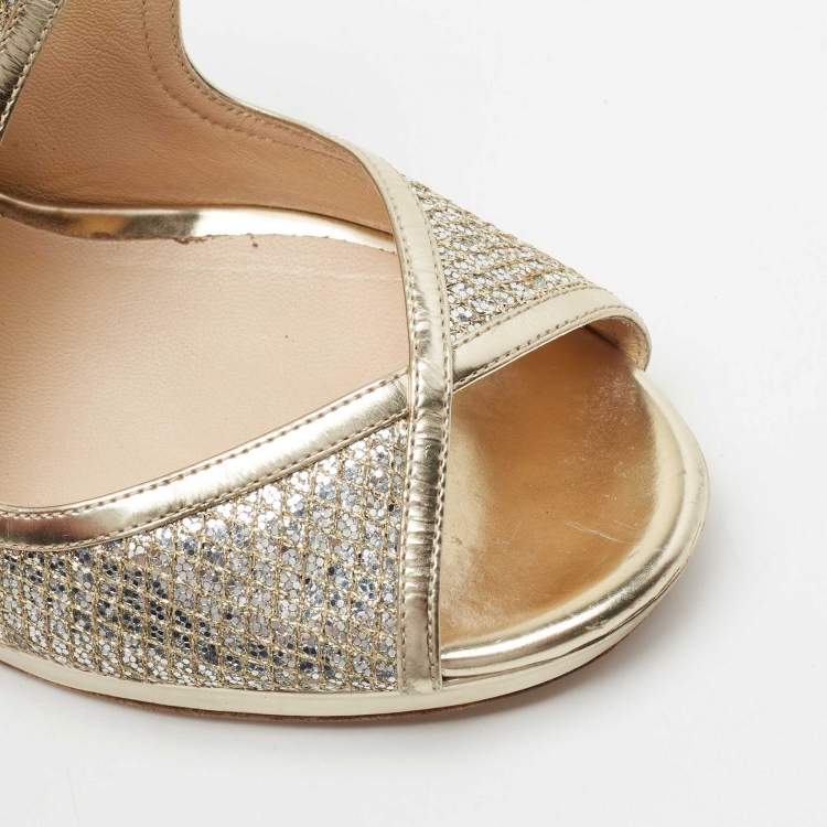 Pre Owned Jimmy Choo Metallic Gold Leather Crystal-embellished Sandals Size 39