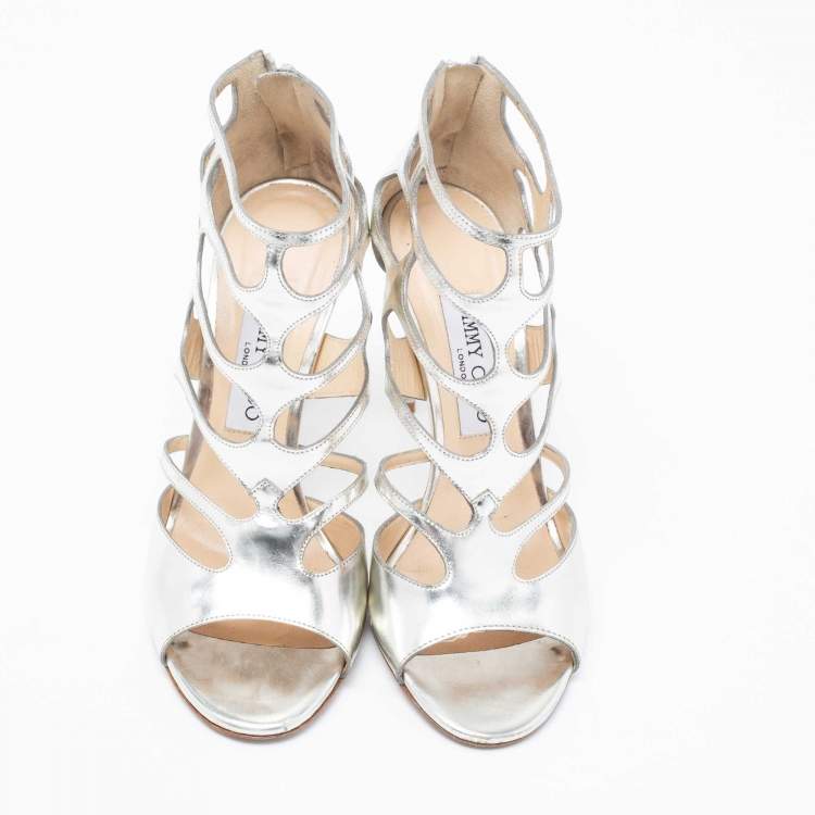 Pre Owned Jimmy Choo Silver Leather Open-Toe Cut-Out Strappy Sandals Size 38