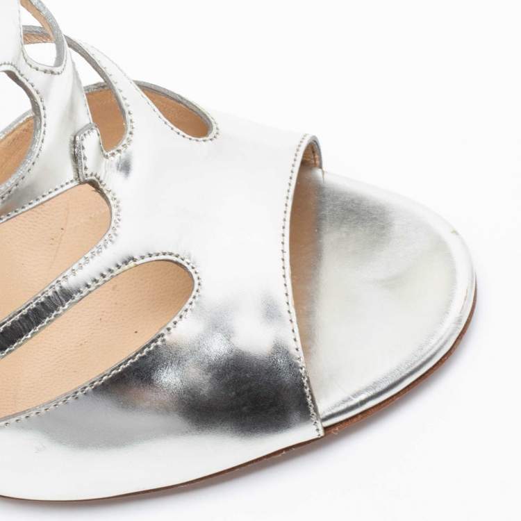 Pre Owned Jimmy Choo Silver Leather Open-Toe Cut-Out Strappy Sandals Size 38