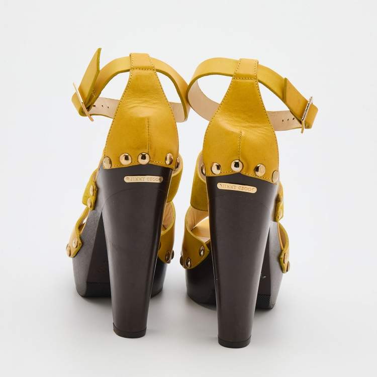 Pre Owned Jimmy Choo Yellow Suede And Leather United Platform Ankle Strap Sandals Size 40